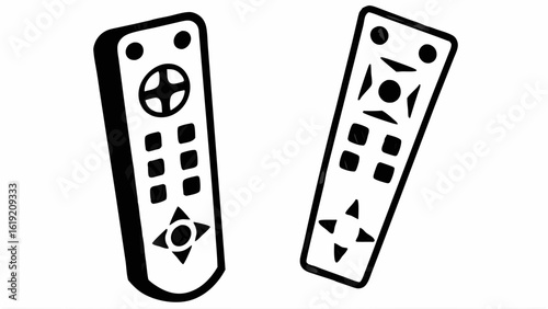 Two black and white remote controls with buttons and directional pads in a simple vector illustration silhouette