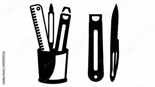 Illustration of a pencil holder with a ruler pen and pencil sharpener with a pen and pencil next to it silhouette