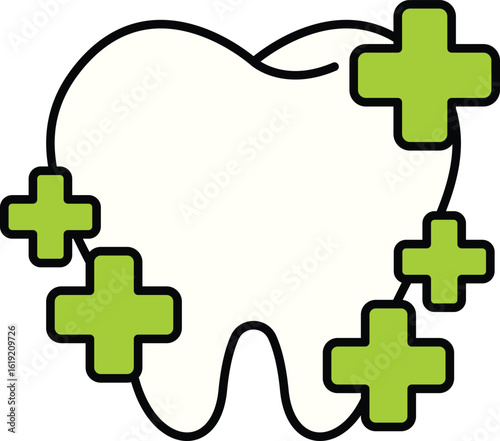 Tooth with green medical plus signs