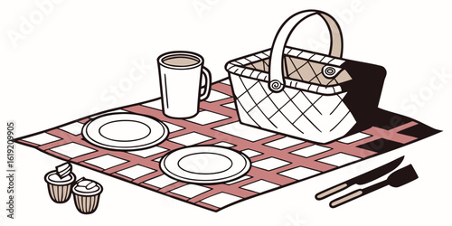 Charming hand drawn illustration of picnic supplies featuring a tablecloth and various items for an outdoor meal perfect for invitations menus or decorative elements
