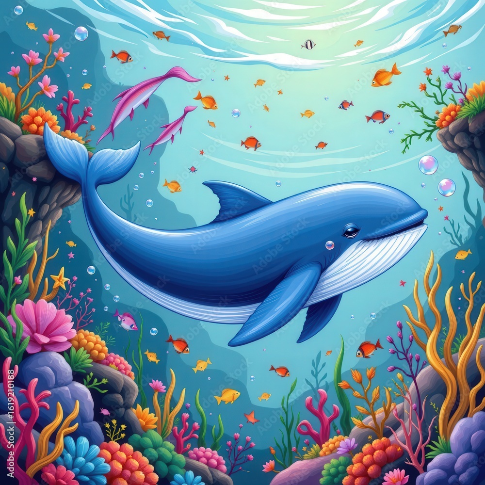 Obraz premium Vibrant Underwater Scene with Whale and Colorful Coral Reef