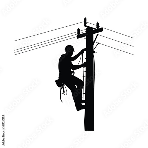 Silhouette of an electrician climbing a utility pole to work on overhead power lines