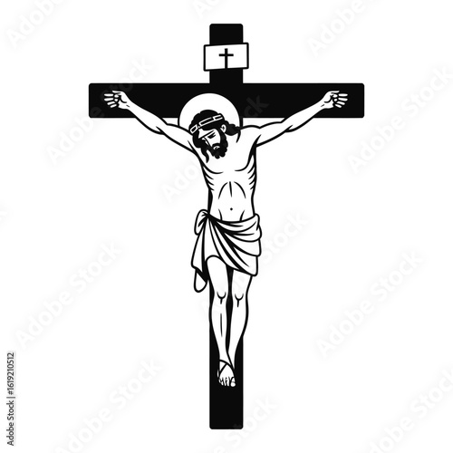 Black and white illustration of jesus christ on the cross in a traditional crucifixion pose