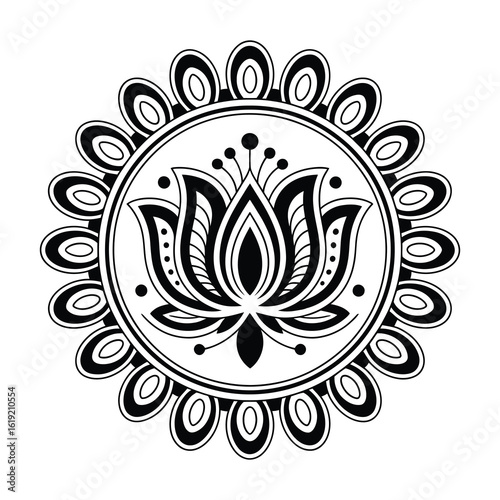 Intricate black and white lotus flower mandala design