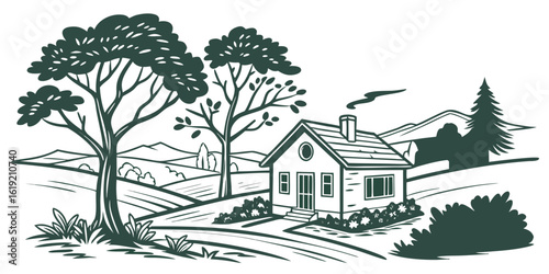 Charming hand drawn illustration of a rustic house nestled amongst lush green trees evoking a peaceful countryside landscape with a simple idyllic feel