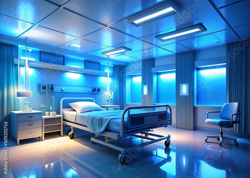Modern hospital room illuminated by cool blue and white light