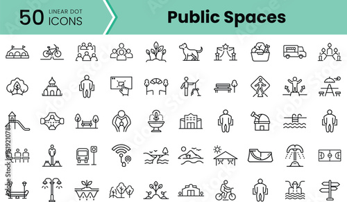 A diverse collection of linear icons depicting various public spaces, showcasing activities and amenities in community areas, such as parks and recreational facilities.