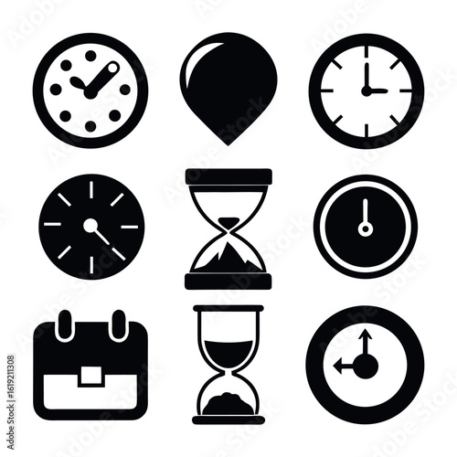 Collection of timekeeping icons including clocks hourglasses and a calendar representing concepts of time management and scheduling