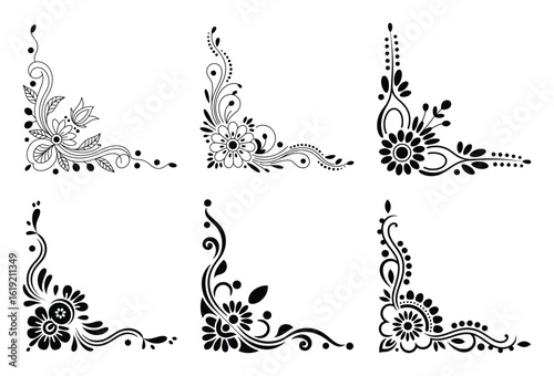 Collection of six intricate floral corner ornaments in black and white