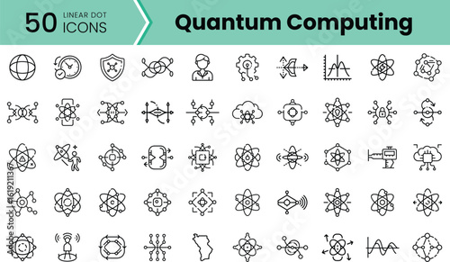 A collection of 50 linear dot icons representing various concepts related to quantum computing, featuring symbols of atoms, circuits, and technology.