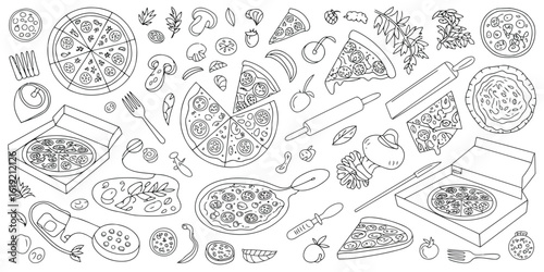 Assorted pizza slices and whole pizzas with ingredients and utensils mushrooms
