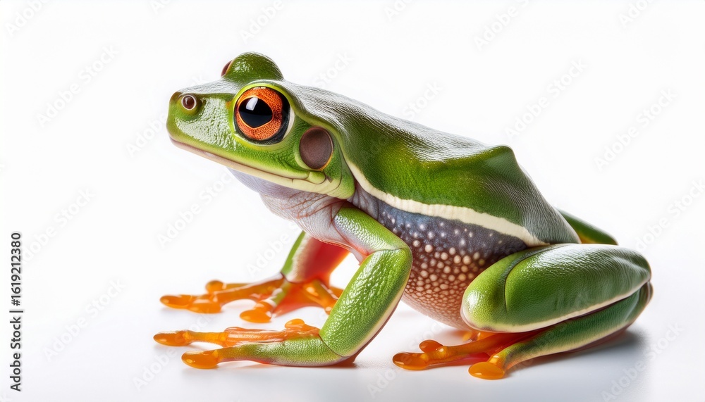 Obraz premium detailed macro of a tree frog showing webbed toes and vibrant greens on white background
