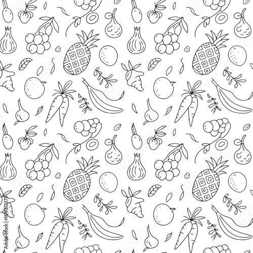 Black and white line art illustration of assorted fruits and vegetables vector