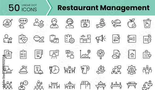 A collection of 50 linear icons representing various aspects of restaurant management, including staff duties, customer service, food preparation, and inventory.