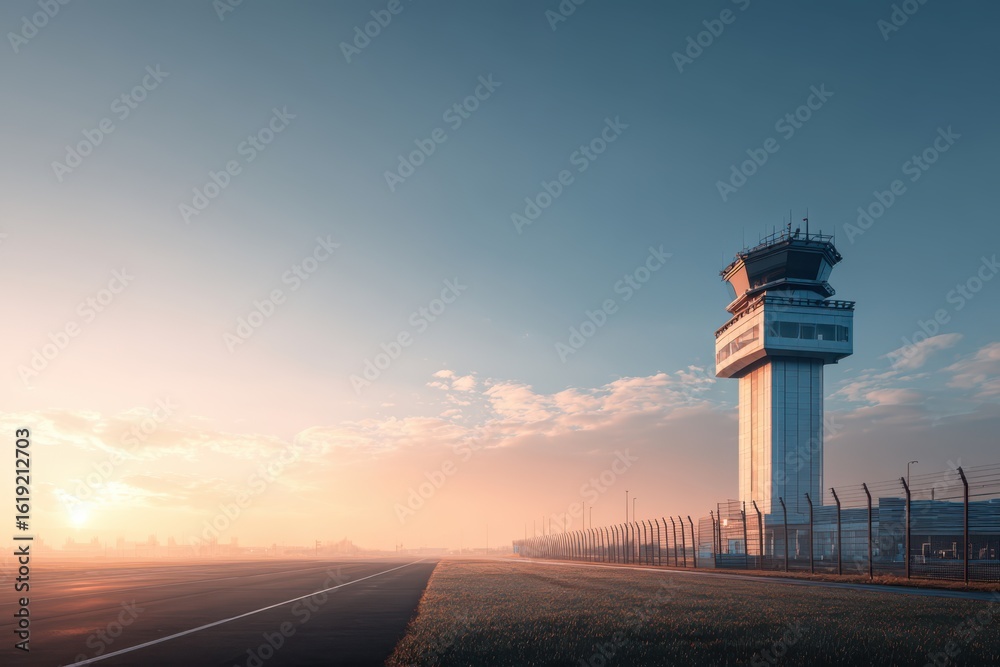 Obraz premium Modern airport control tower at sunrise with a clear runway and distant city skyline