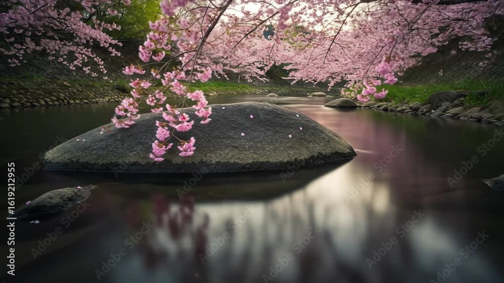 Blossoming river serenity, picturesque cherry blossom frames flowing water, scenic nature tableau