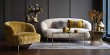 A luxurious living room interior featuring a plush sofa, stylish armchair, and golden decorative elements for an elegant and modern home