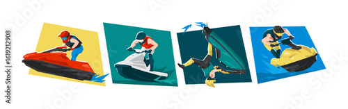 Illustration of male riding Jet ski character. Water sport, race, freestyle, vehicle. Flat vector cartoon style.