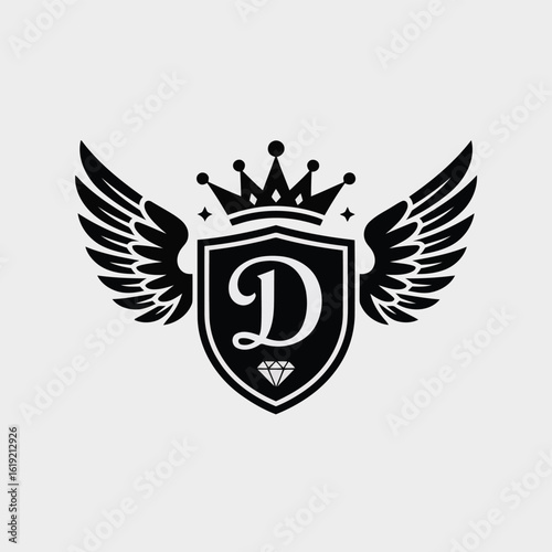 Black heraldic emblem with wings crown and diamond white