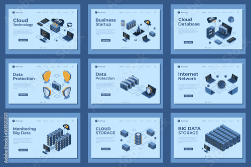 Large set of isometric landing page template. Modern technology concept for cloud technology, web hosting, and networking. Isometric technology