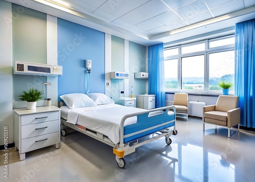 Modern hospital room with large window and comfortable patient bed