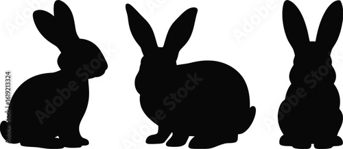 Black silhouette rabbits sitting and standing white bunnies