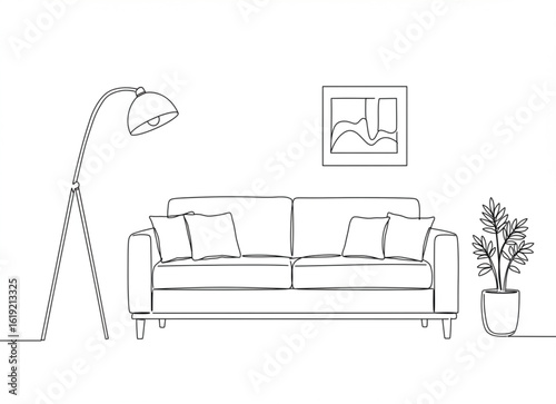 Modern Living Room Interior: Sofa, Lamp, and Plant Decor
