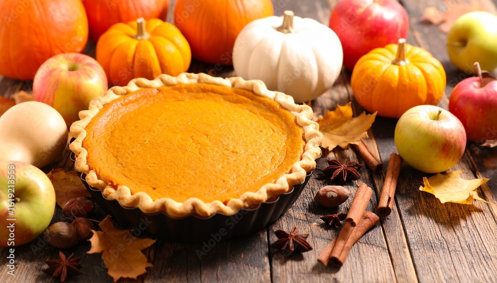 Fototapeta premium pumpkin pie with autumn leaves and apples