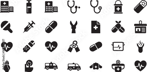 Collection of medical and healthcare icons isolated on transparent background