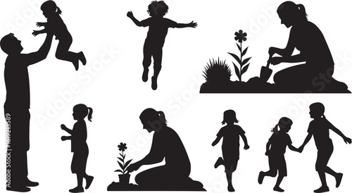 Family silhouettes playing and gardening isolated on transparent background