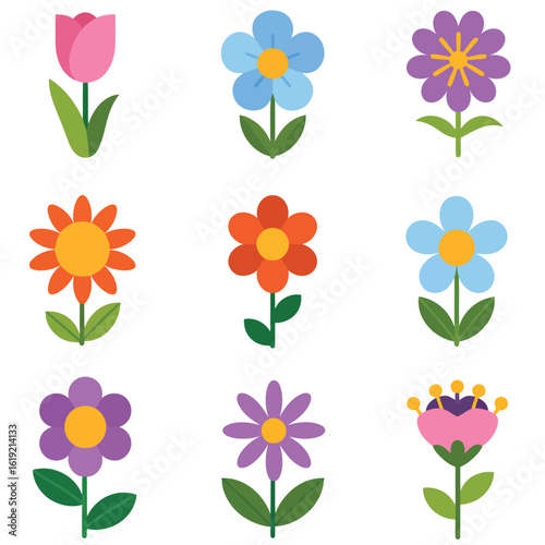 Colorful cartoon flowers arrangement with pink tulip blue daisies orange sunflowers purple asters and pink blossom