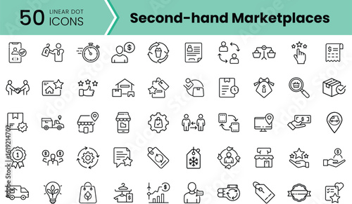 A collection of 50 linear icons representing various aspects of second-hand marketplaces, showcasing items like shopping carts, tags, and customer interactions.