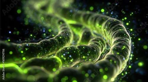 Medical image depicting coordinated peristaltic movement with luminous green waves traveling along the tubular GI tract lining.