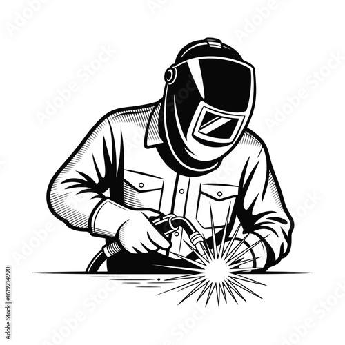 Skilled welder in protective gear creating sparks with a welding torch
