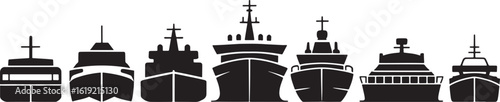 Silhouette of a fleet of diverse naval warships lined up against a white background