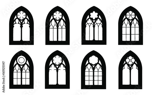 Gothic arch window silhouettes with floral tracery and geometric patterns vector