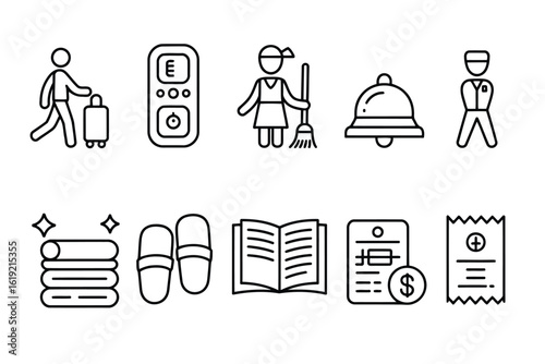 Hotel service icons person with luggage cleaning staff bell attendant slippers open book bill receipt