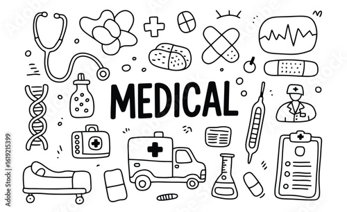 Medical doodle illustration of healthcare symbols and equipment stethoscope