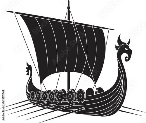 Intricate black and white illustration of a viking longship sailing
