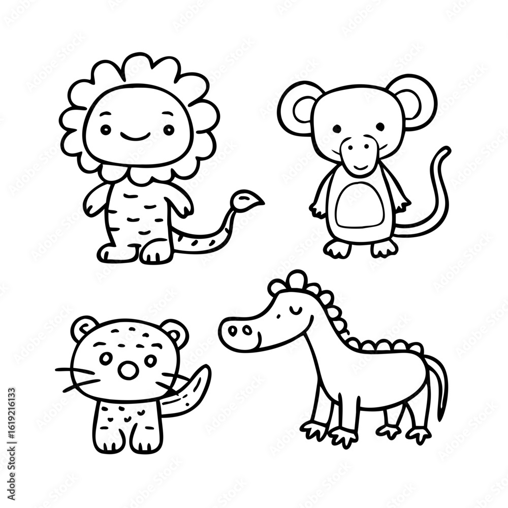 Obraz premium A set of doodle line icons featuring cute jungle and safari animals like lion, elephant, monkey, crocodile, snake, and giraffe 