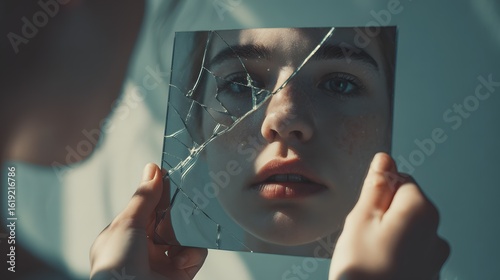 Young woman's reflection in a shattered handheld mirror with fractured glass