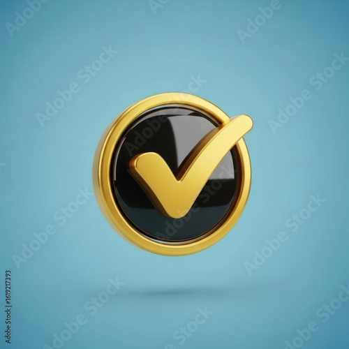 Golden check mark icon on a blue background representing success, approval, positive confirmation of a task or choice
