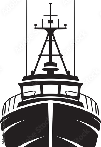 Front view of a black and white fishing trawler ship silhouette