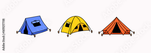 Flat vector illustration featuring three different camping tents in blue, yellow, and orange. Each tent design is distinct, showcasing various styles design for outdoor, camping icon cartoon