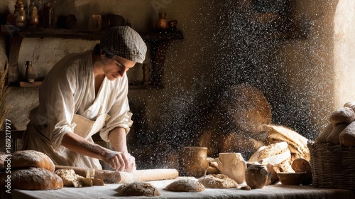 Artisan baker kneading dough in a rustic bakery.
