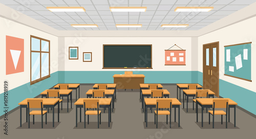 A bright, empty school classroom interior with rows of wooden desks and chairs facing a blackboard.