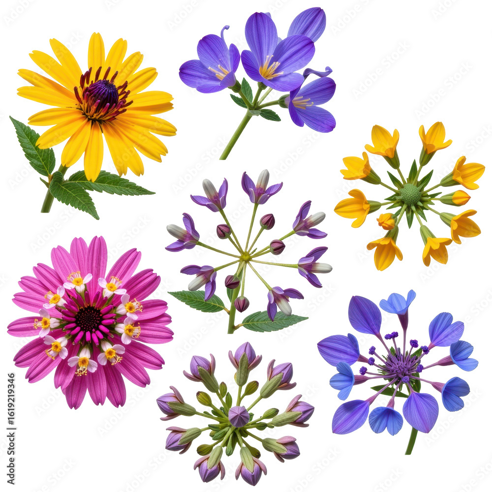 Fototapeta premium Assorted vibrant wildflowers including yellow daisies purple crocuses pink and yellow zinnias and bluebell flowers arranged on a white background