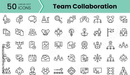 A collection of linear icons representing team collaboration, showcasing diverse concepts like communication, brainstorming, and project management.