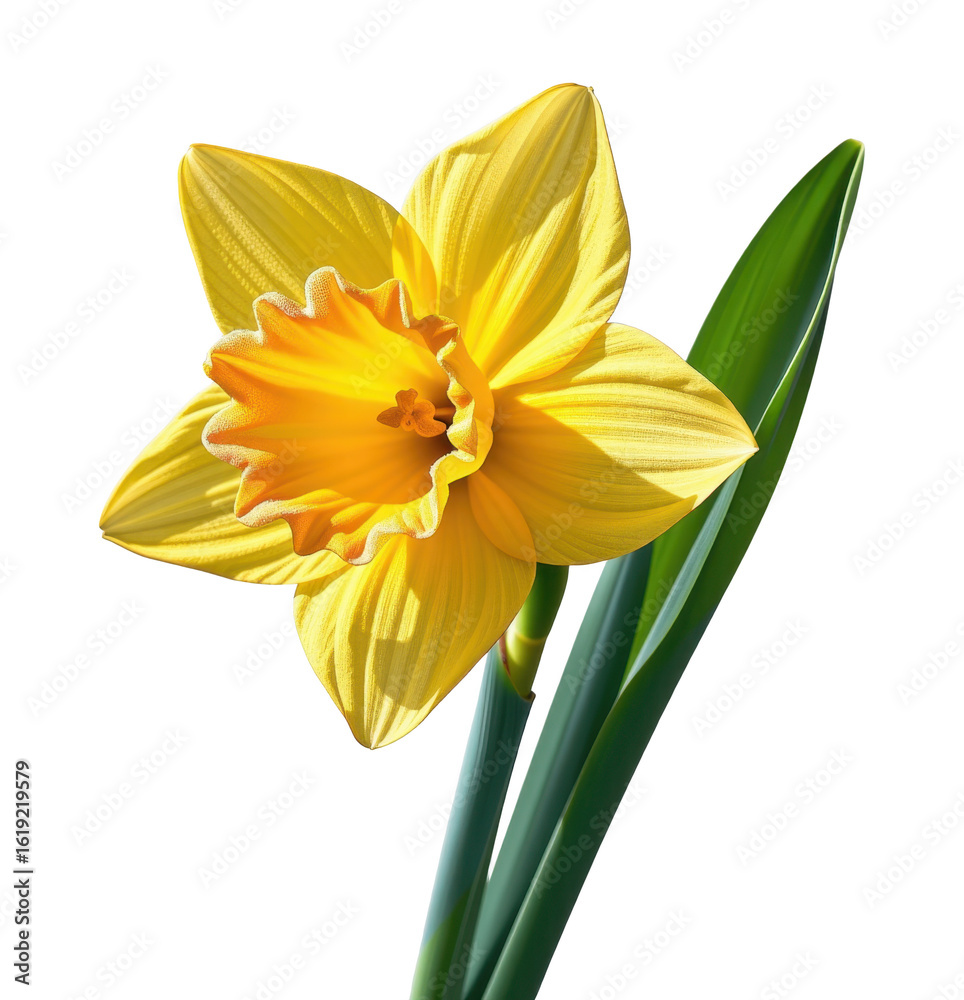 Fototapeta premium Bright Yellow Daffodil Flower with Green Leaves Isolated on White Background, Close-Up View of Bloom and Foliage for Nature and Sp Blooming Plant Illustration