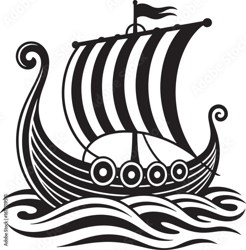Stylized viking longship sailing through wavy waters